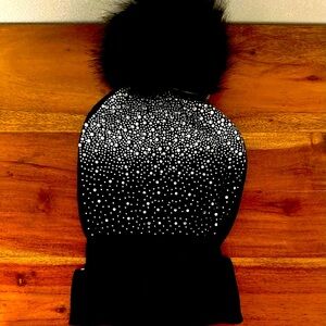 Adrienne Landau Black Rhinestone Knit Hat with Faux Fur Fall/Winter Hat